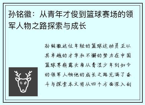 孙铭徽：从青年才俊到篮球赛场的领军人物之路探索与成长